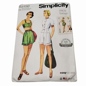 Simplicity S3150 1940s Vintage Playsuit Sewing Pattern Misses Shorts Outfit 4-12